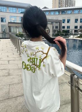 100%纯棉国潮牌美式花卉柳树短袖t恤女夏季新款宽松高街情侣上衣