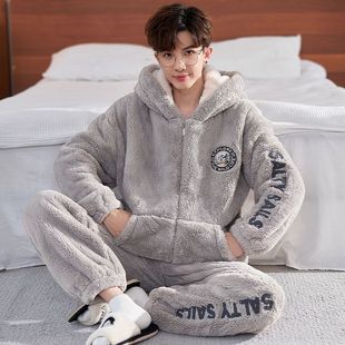 冬季男款睡衣加绒加厚珊瑚绒毛绒保暖长毛绒套装连帽休闲家居服