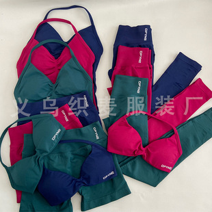 DFYNE高弹超细消光锦纶挂脖小文胸长裤套装无缝健身运动文胸批发