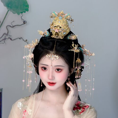 耀如春华晚音沙金莲花冠汉服配饰