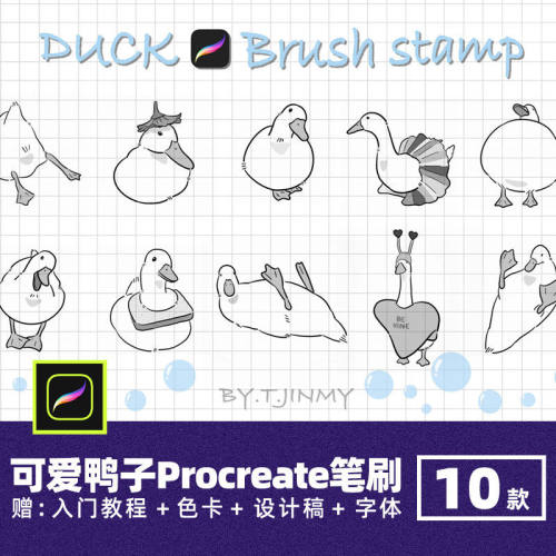 可爱鸭子Procreate笔刷Brush卡通稿手绘宠物动漫画