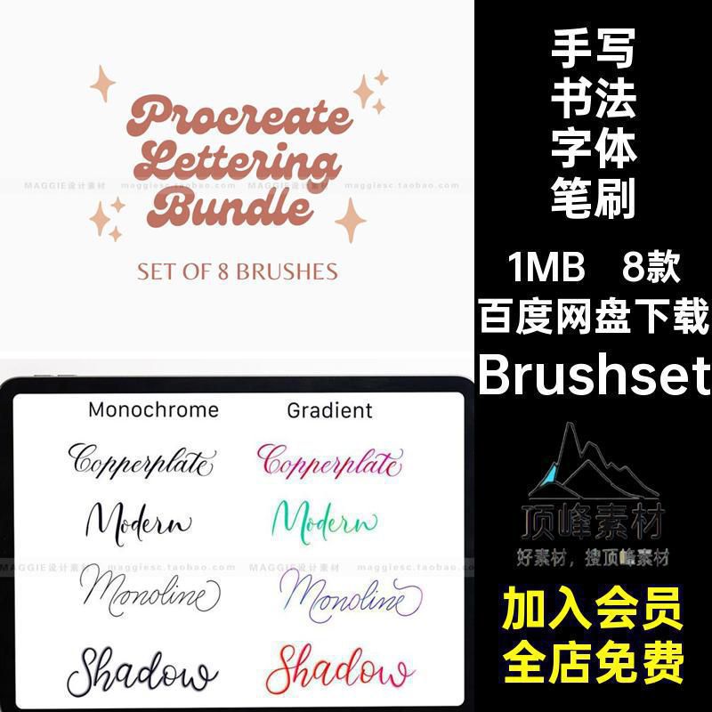 钢笔墨水纹理笔刷画笔绘笔刷合集手写书法勾线Procreate字体平板