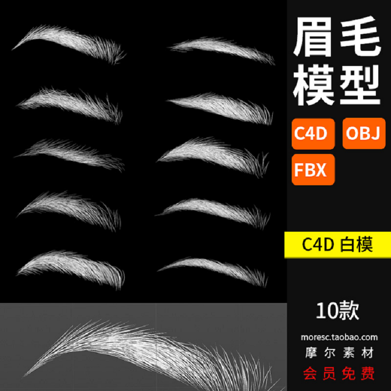 10个眉毛人物角色C4D fbx obj 格式模型素材 白模无贴图 MX322