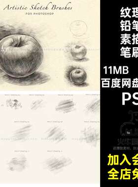 20款描边铅笔素描笔刷纹理PS勾线abr绘画手绘Ps涂抹木炭