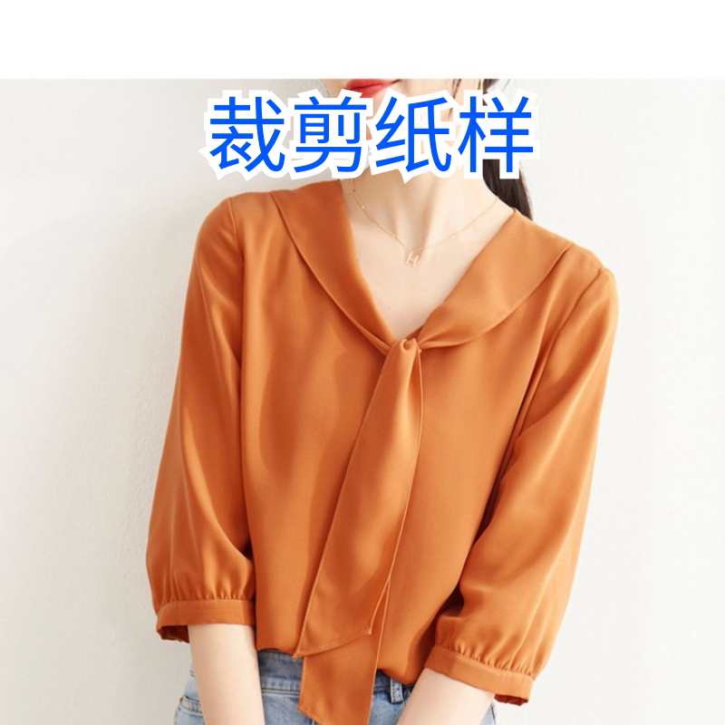 雪纺衫裁剪纸样女新款泡泡袖飘带上衣七分袖衬衫中袖飘带领裁剪图