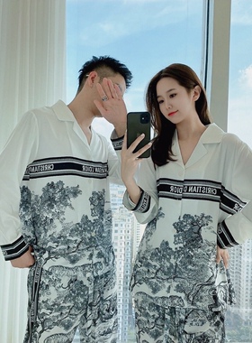 巴洛克冰丝睡衣情侣春秋2026新款高级感水墨画长袖长裤家居服套装