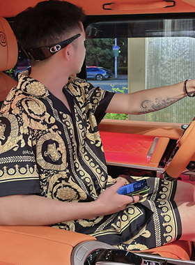 巴洛克潮牌复古黑金花卉情侣睡衣冰丝短袖短裤夏季薄款男女家居服