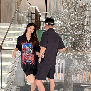 薄款 夏季 外穿宽松睡衣 男女同款 巴洛克潮牌印花情侣冰丝家居服套装