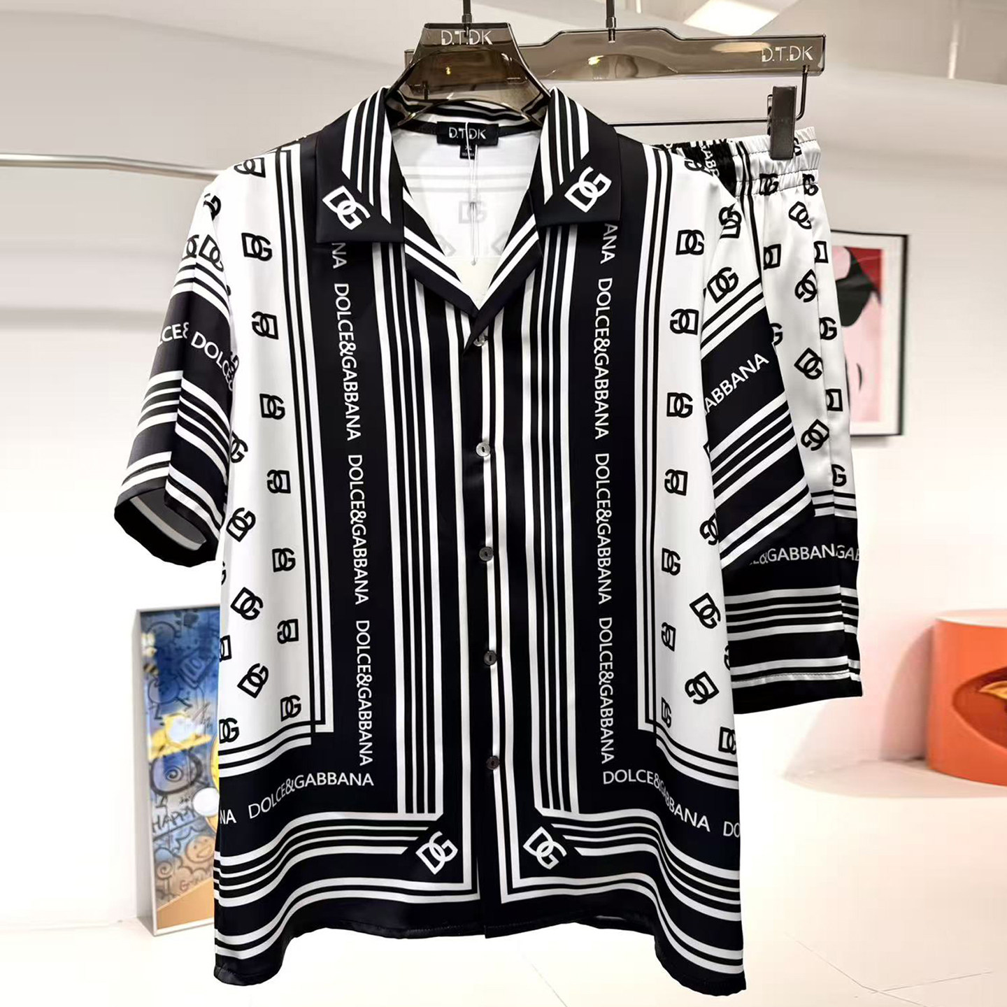 D.T.DK巴洛克男士黑白字母印花冰丝睡衣夏短袖家居服套装高端短裤