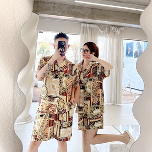 短裤 春夏短袖 睡衣高级感 情侣装 巴洛克潮牌复古瓦萨冰丝家居服套装