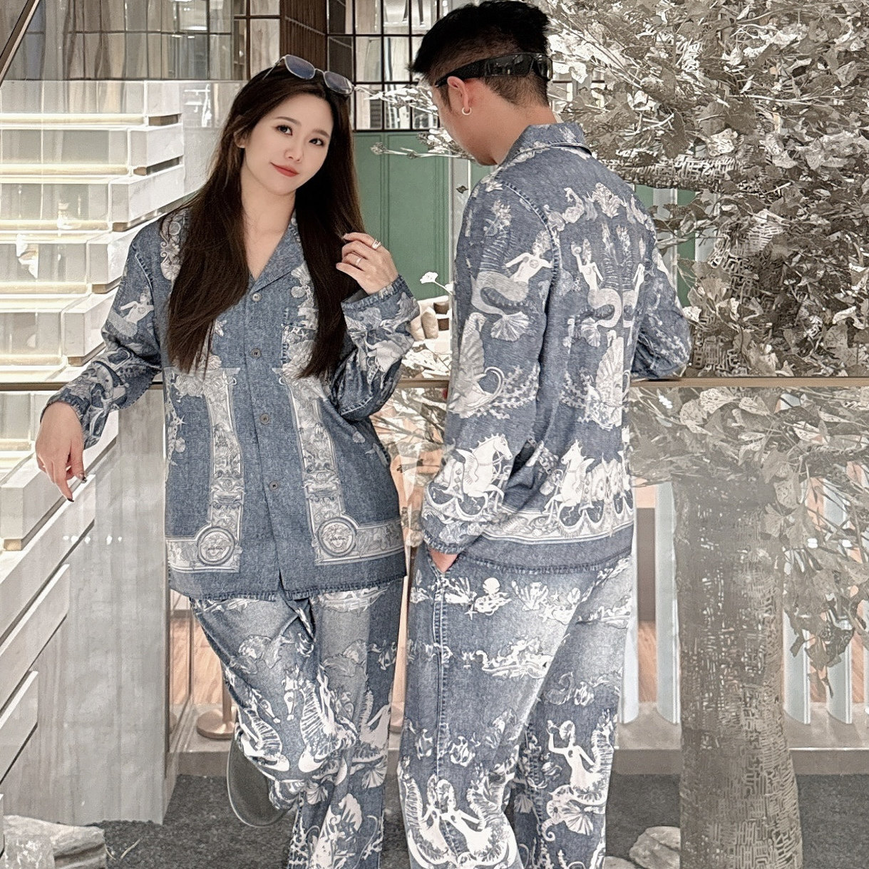 个性潮流印花情侣睡衣套装男女