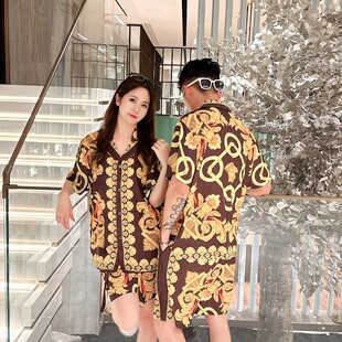 奢华睡衣夏 短裤 巴洛克复古瓦萨印花冰丝绸家居服套装 男女情侣短袖