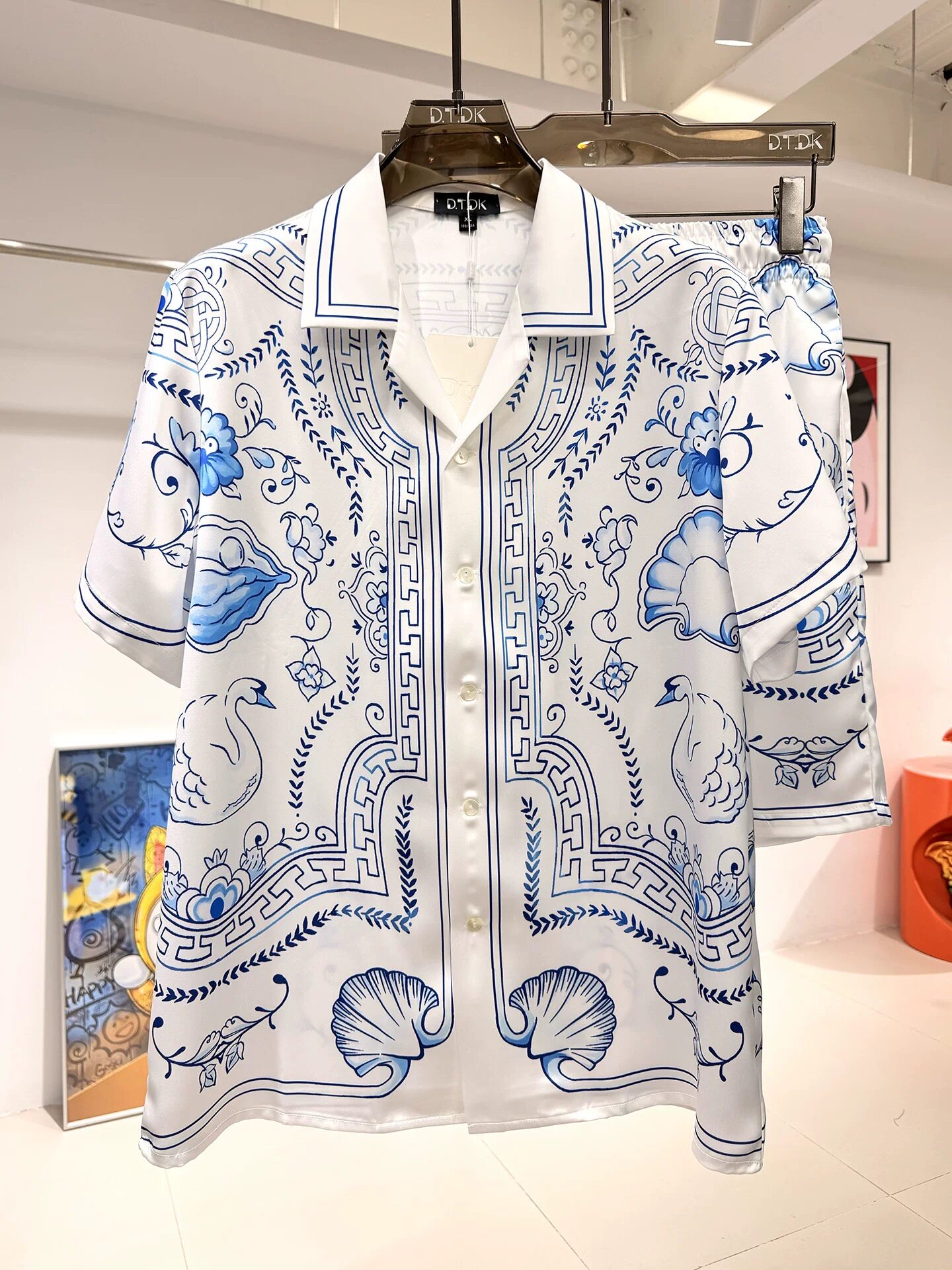 D.T.DK潮牌巴洛克冰丝睡衣套装男士夏季短袖短裤宽松家居服可外穿