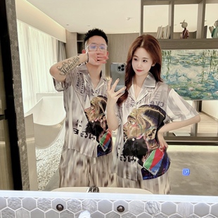 宽松家居服套装 夏季 可外穿 短裤 巴洛克潮牌冰丝绸睡衣情侣男女短袖