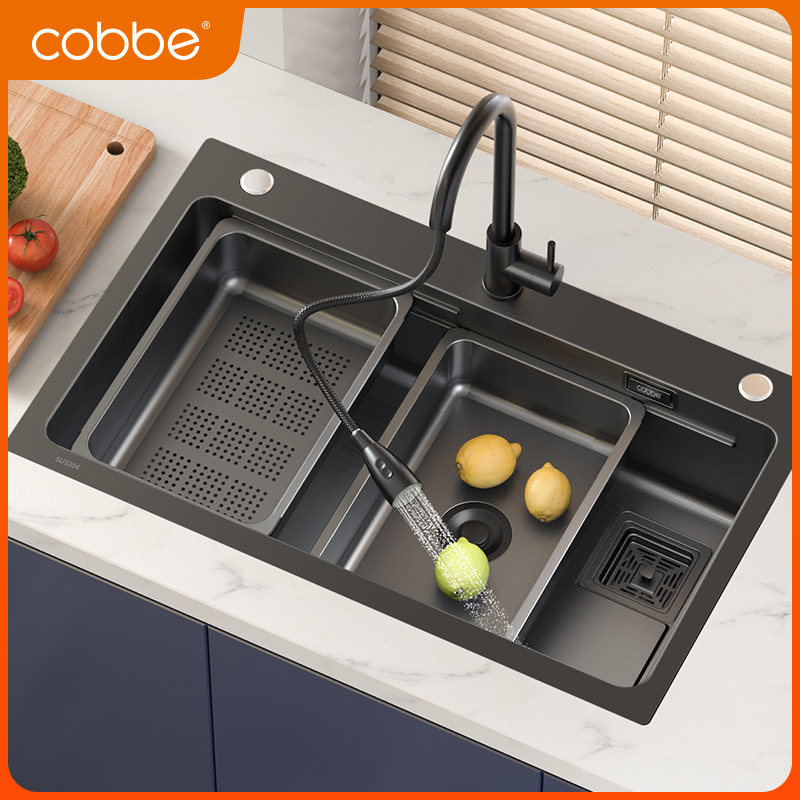 卡贝水槽单槽套餐厨房304不锈钢大水池黑色洗碗池加厚手工洗菜盆