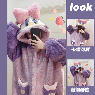 网红家居服 加绒加厚连帽卡通可爱睡衣女冬款 珊瑚绒睡袍女冬季 长款