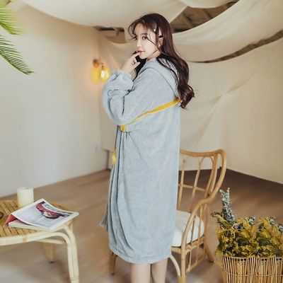 秋冬睡袍女加厚连帽珊瑚绒拉链长款睡衣睡袍浴袍家居服保暖可外穿