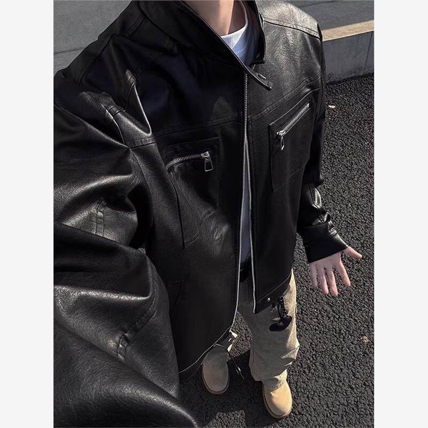 双拉炼黑色机车皮衣男cleanfi美式复古立领夹克痞帅垫肩短款外套