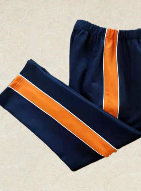 藏蓝色校服裤子宽橘色杠橙色边宽条两条细白杠中间桔色杠校服裤春