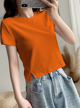 橙色圆领短款t恤女短袖夏季纯棉正肩修身辣妹洋气设计感小众上衣