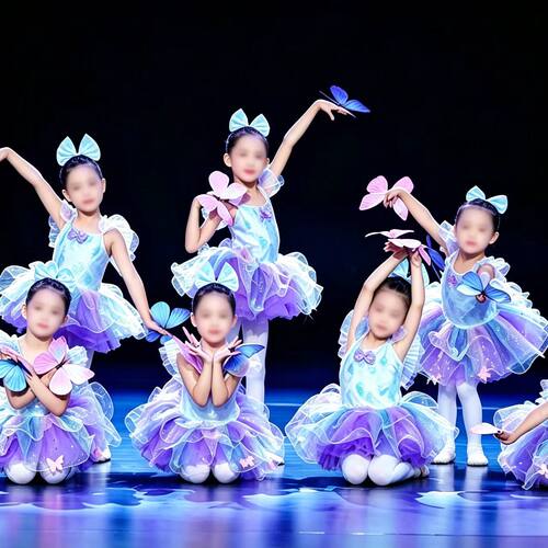 儿童舞蹈演出服女童可爱亮片公主蓬蓬纱裙蝴蝶飞扬舞蹈表演服套装