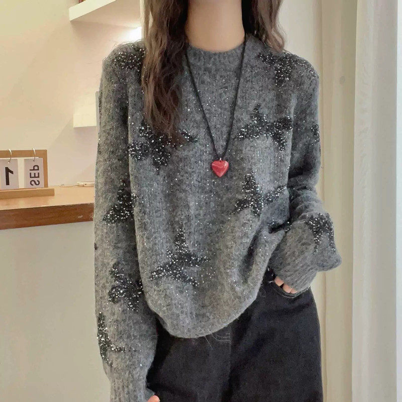 高级感气质重工亮片针织衫女秋冬新款套头圆领独特别致百搭毛衣潮
