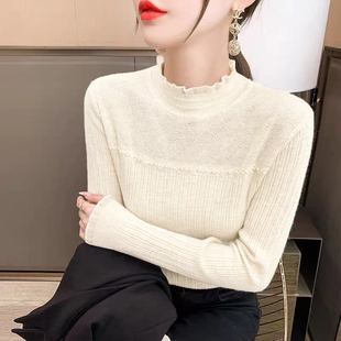 2025秋季新款欧根纱蕾丝半高领钉珠套头毛衣女内搭长袖针织打底衫