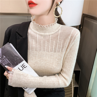 秋季新款2025韩版欧根纱蕾丝半高领毛衣女内搭长袖修身针织打底衫