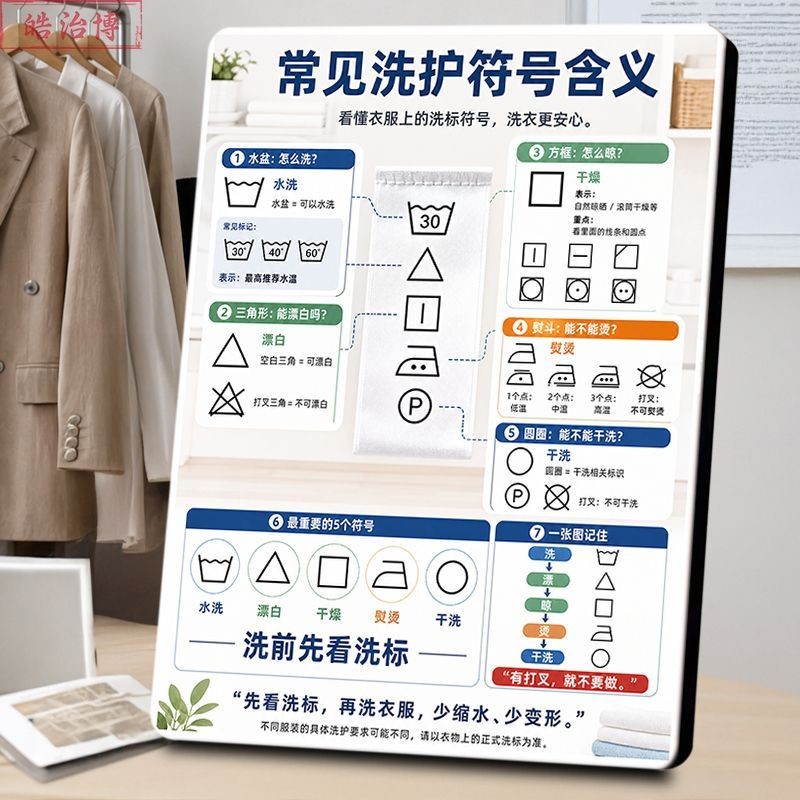 常见洗护符号相框衣服水洗漂白干燥含义常识干洗店服装店前台摆放