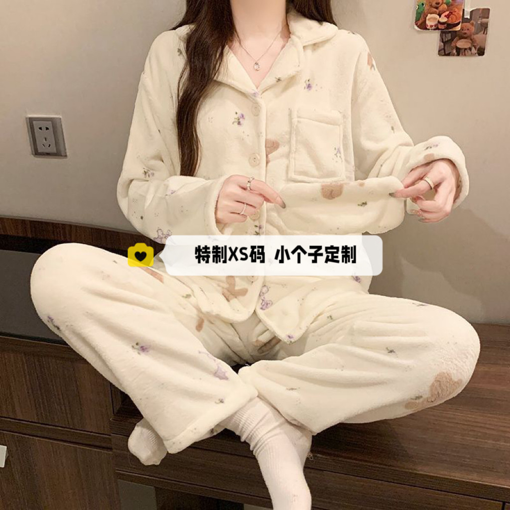 秋冬加厚法兰绒保暖睡衣套装XS