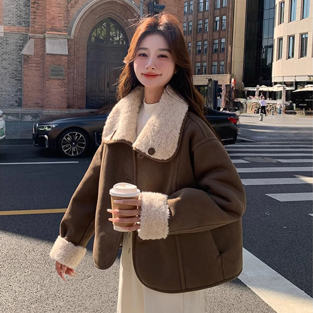 皮毛一体羊羔毛外套女装