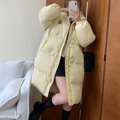 小个子奶黄色羽绒棉服女冬季2024新款学院风牛角扣中长款棉袄外套