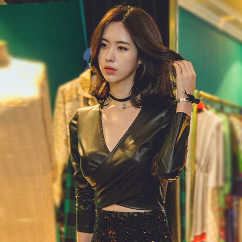酷潮优质PU皮衣女春泫雅修身显瘦短款洋气V领露脐长袖pu上衣