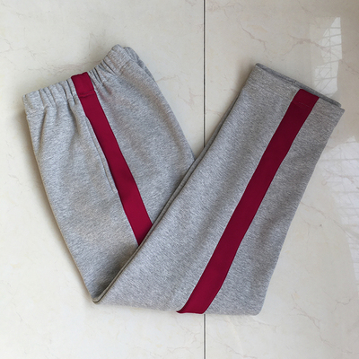 定做中小学生运动休闲灰色一道宽酒红杠直筒长裤纯棉加绒校服裤子