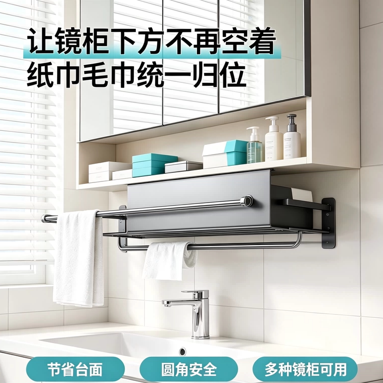 镜柜下洗脸巾收纳盒卫生间多功能壁挂置物架免打孔纸巾架毛巾杆