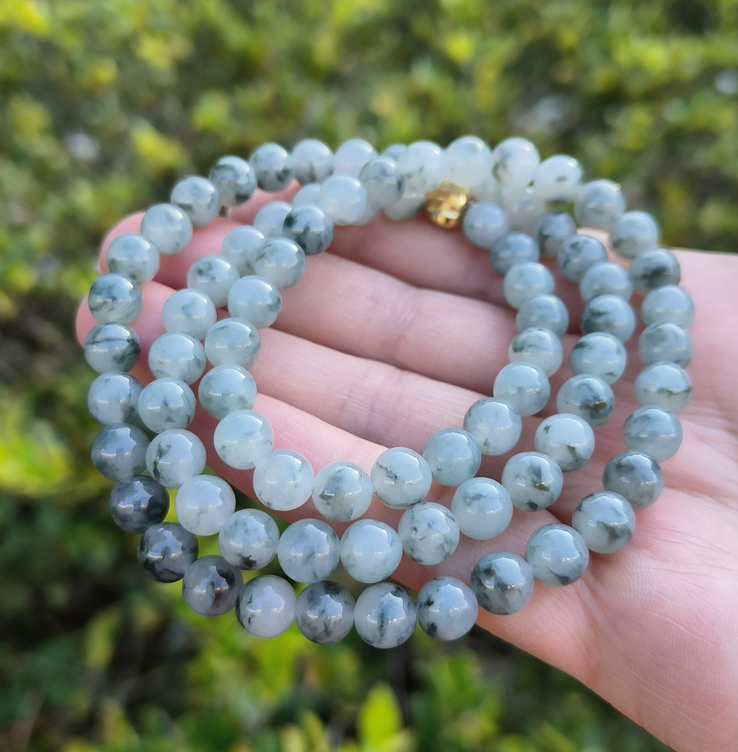 卡7.4mm蓝底飘花翡翠项链手链天然缅甸翡翠A货玉石圆珠80颗送证书