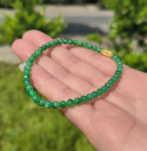 卡4+mm绿小米珠翡翠手链手串天然缅甸翡翠A货玉石圆珠46颗送证书