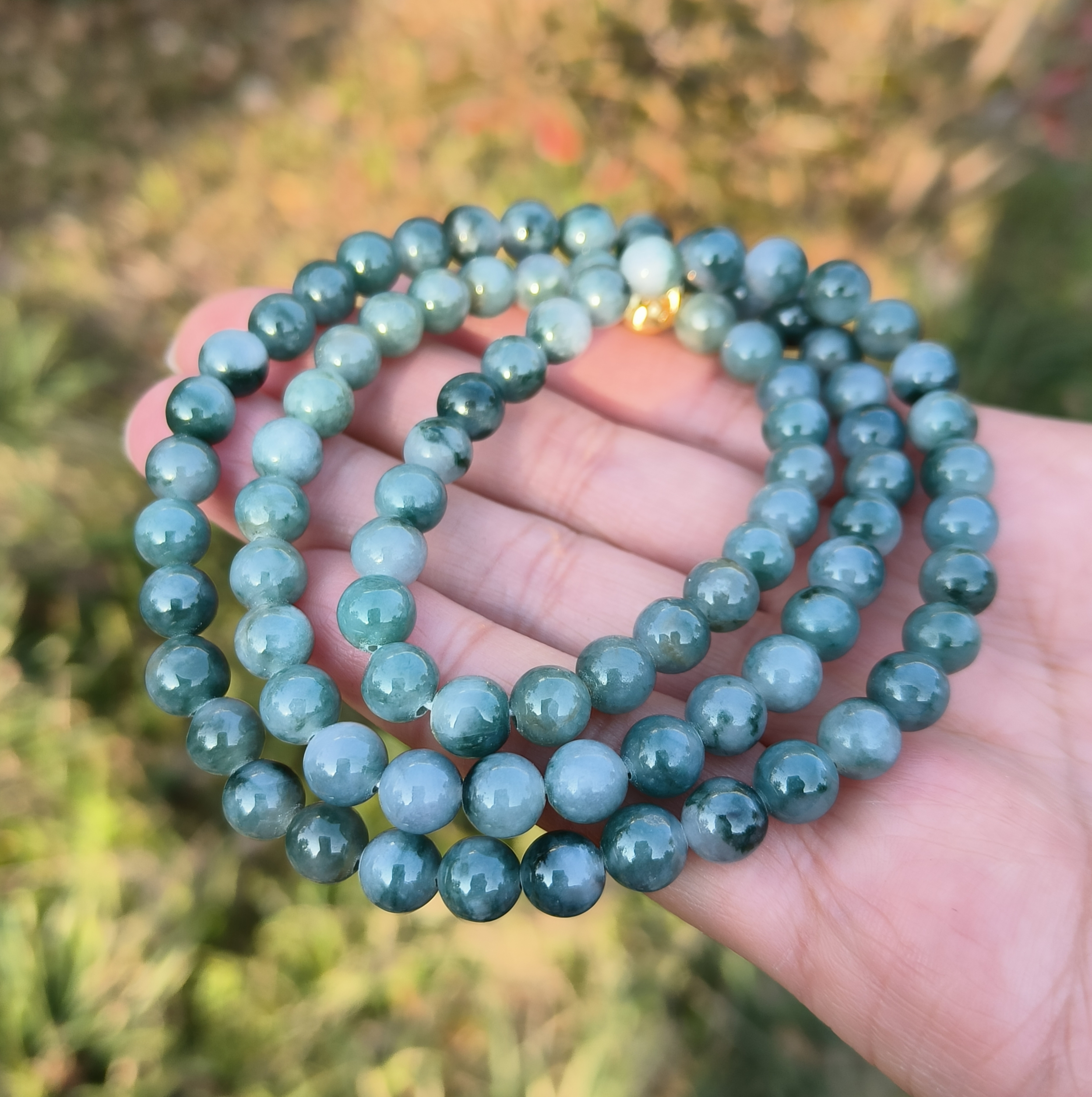 卡7.1mm白底青项链手链天然缅甸翡翠A货玉石圆珠84颗送证书