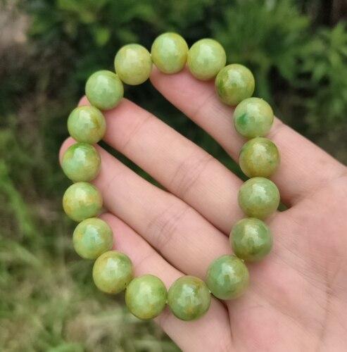 卡12+mm黄加绿飘花手串男款正宗缅甸翡翠A货玉石圆珠17颗送证书