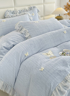 蓝色高级感加厚雕花牛奶绒四件套珊瑚法莱绒被罩加绒法式冬季床品