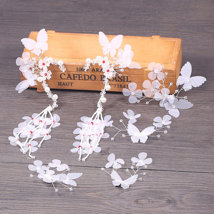 新款韩式新娘耳饰长款结婚耳挂婚纱发夹礼服配饰花朵串珠流苏耳环