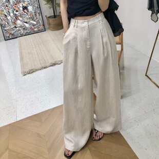 2026夏季新款莱赛尔天丝亚麻裤子女薄款垂感老钱风阔腿直筒休闲裤