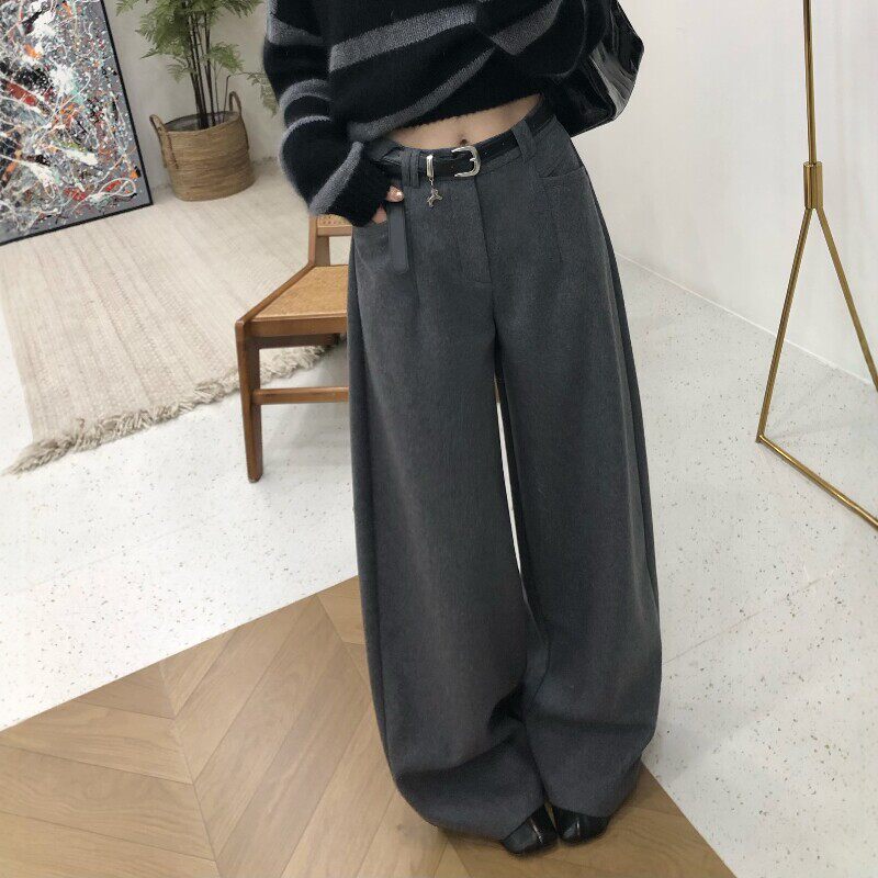绵羊毛老钱风阔腿西裤女配腰带