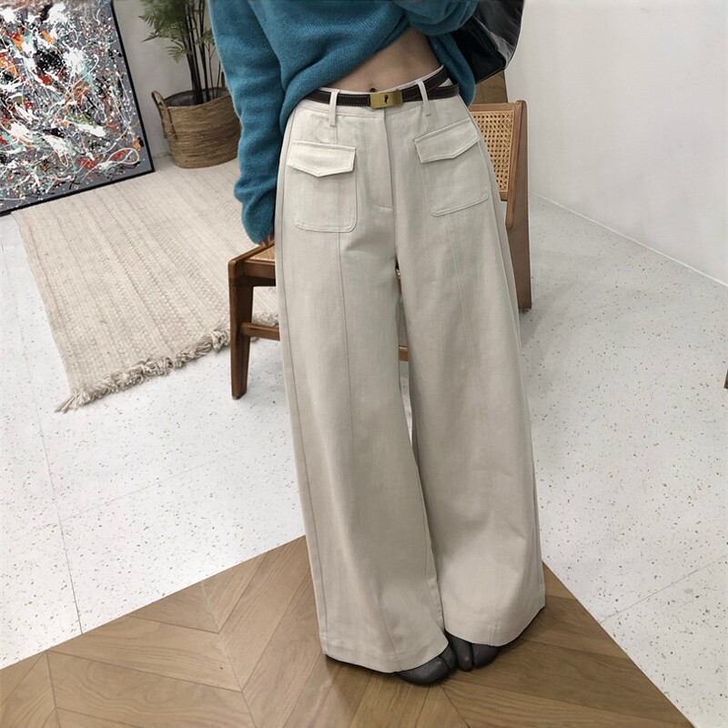 乳白色老钱风高腰显瘦阔腿裤女