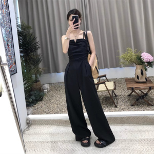 高腰吊带连体裤女宽松小个子穿搭长裤2023夏季显瘦薄款休闲阔腿裤