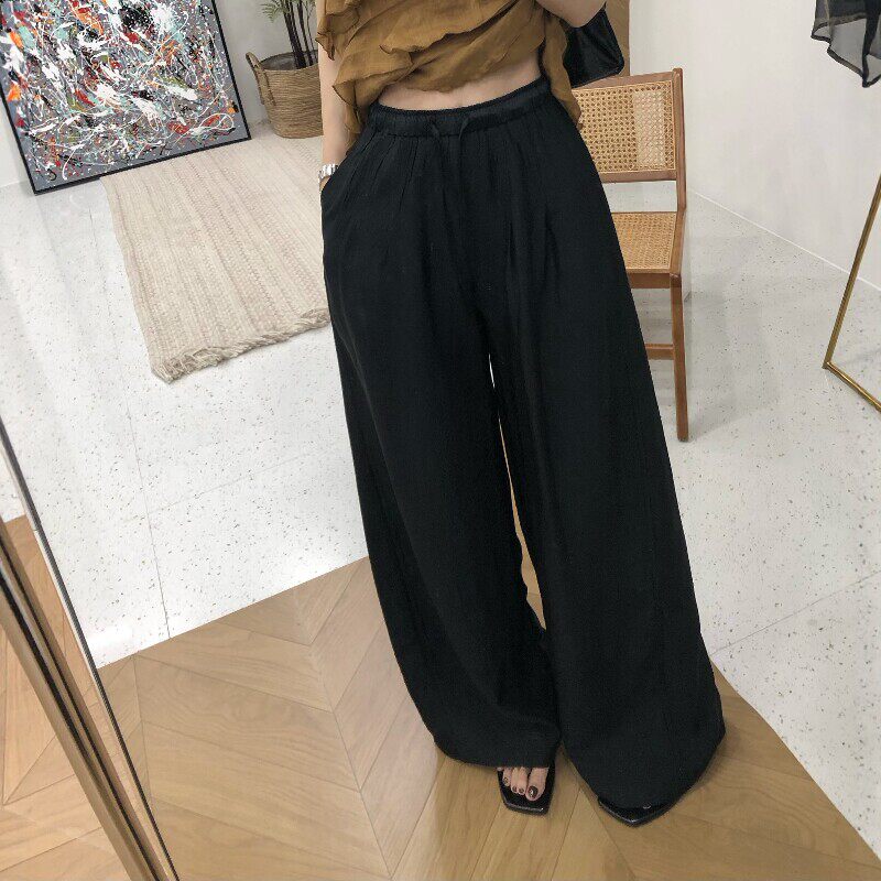 夏季薄款醋酸缎面阔腿裤女高腰显瘦慵懒风宽松休闲垂感直筒拖地裤
