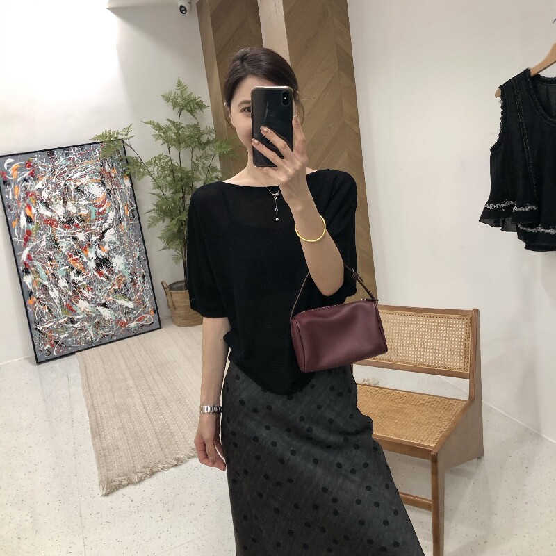 2026夏季莱赛尔天丝针织蝙蝠衫女一字领宽松半袖气质上衣T恤薄款