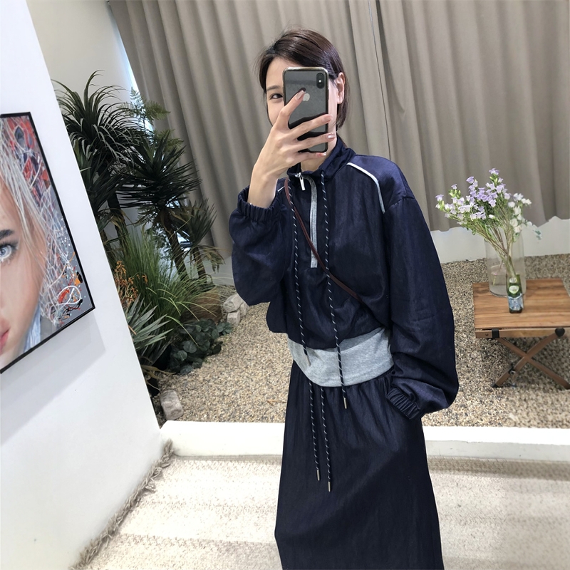 2025春夏新款韩系运动外套半身裙两件套女深蓝色休闲立领上衣套装