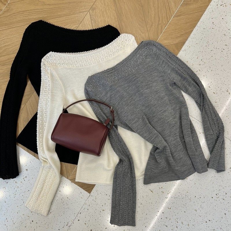 2026年春季新款羊毛镂空花边一字领针织衫女长袖显瘦修身慵懒上衣,女装/女士精品,毛针织衫,淘宝优惠券,粉丝福利购,淘宝优惠卷