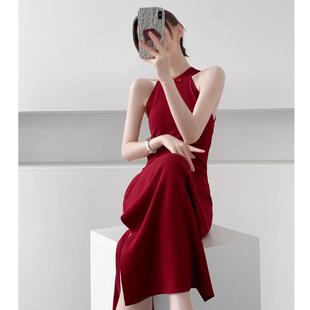 春夏新款红色气质针织连衣裙修身无袖挂脖改良旗袍新中式盘扣长裙